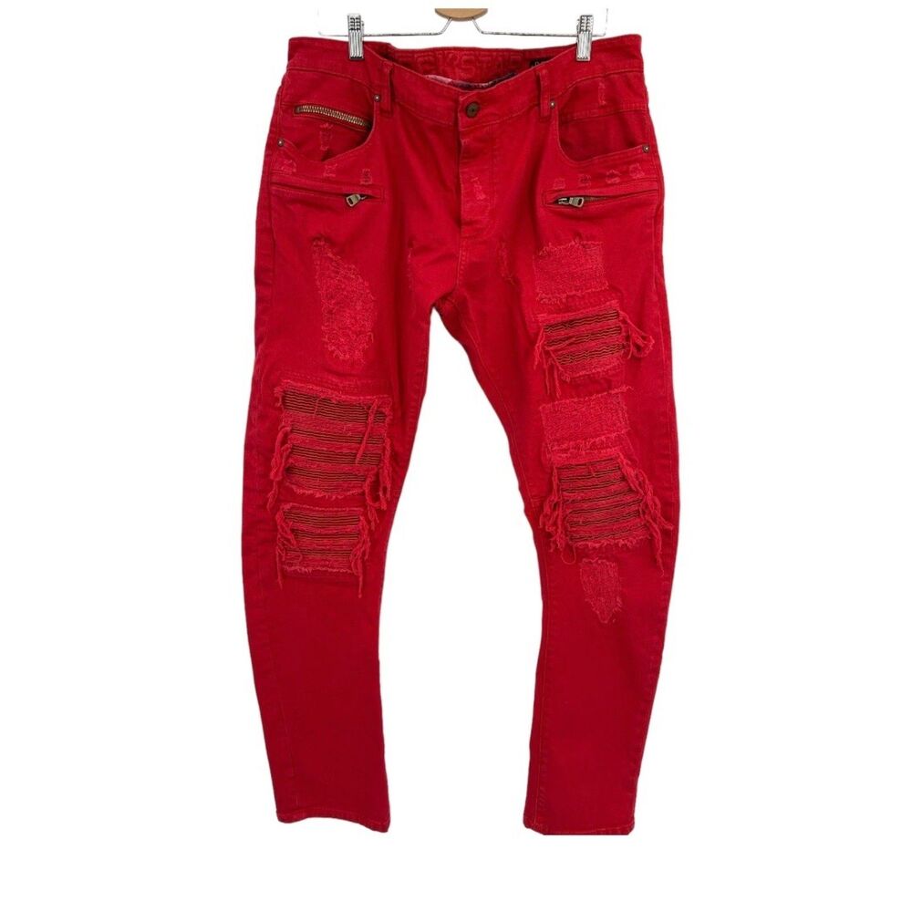 Rockstar Jeans 40 mens red denim distressed zippers straight leg